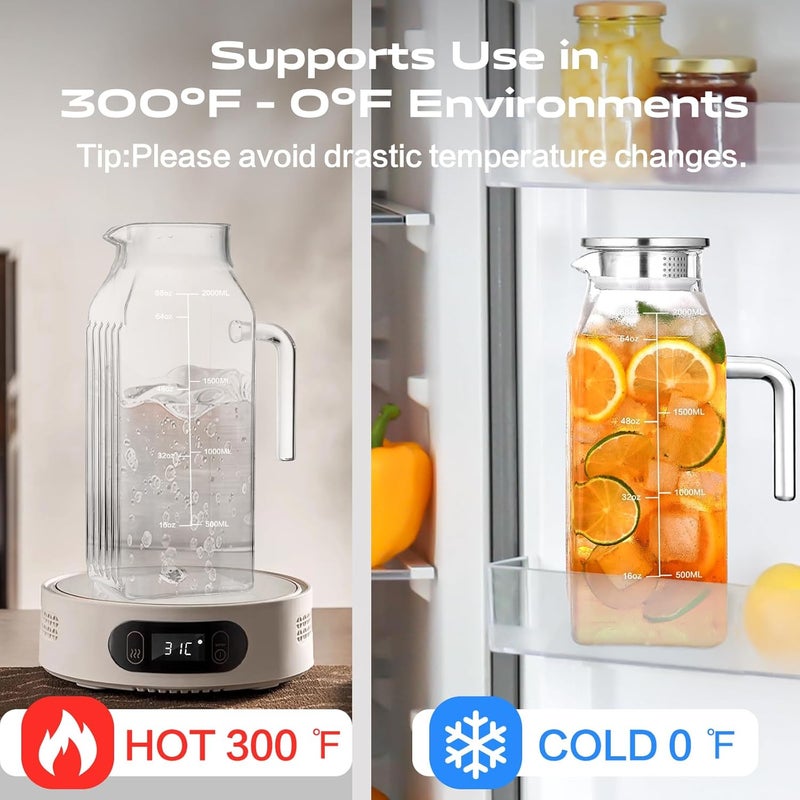 Aofmee 68oz Glass Pitcher for Fridge, 2 Liter Square Water Pitcher with Lid and Handle, Heat Resistant Tea Pitchers, Borosilicate Glass Carafe with Scale Line for Hot/Cold Beverage - Image 4